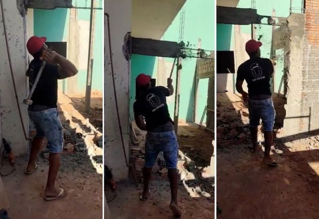 Vídeo mostra ex-funcionário de construtora quebrando parte de obra com marreta após ser demitido: ‘Pagamento nunca saiu’