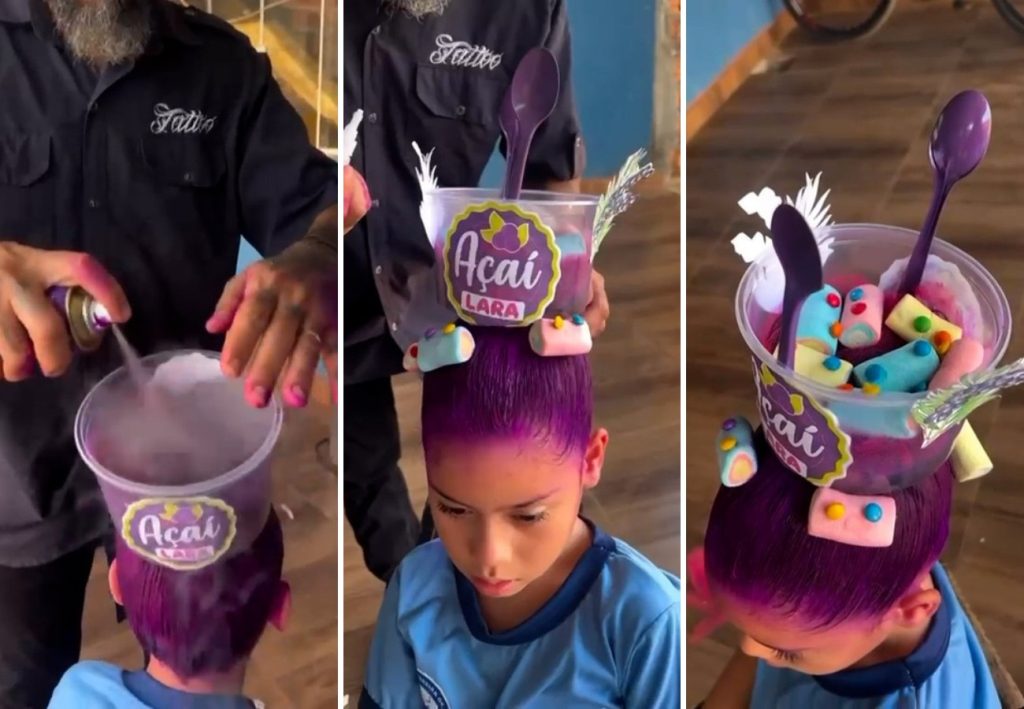 Pai faz cabelo maluco de açaí na filha e tem surpresa no final do dia: ‘Comeram os marshmallows’